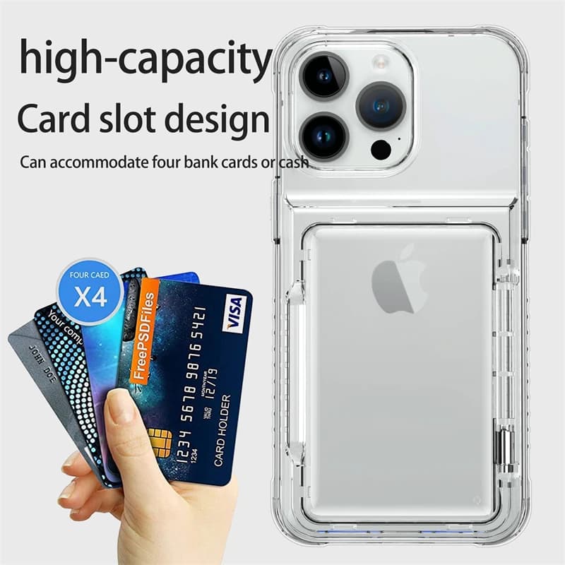 Custodia per telefono trasparente con slot per schede per iPhone 15 14 16 Pro 13 12 17 Pro Max Cover posteriore antiurto in silicone trasparente con portafoglio