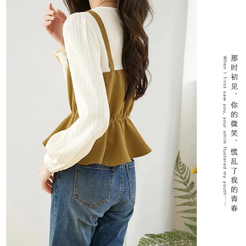 T-shirt temperament in two fake pieces with contrasting long sleeves volant Shirts spring autumn Top Women's Fashionable Office Clothing