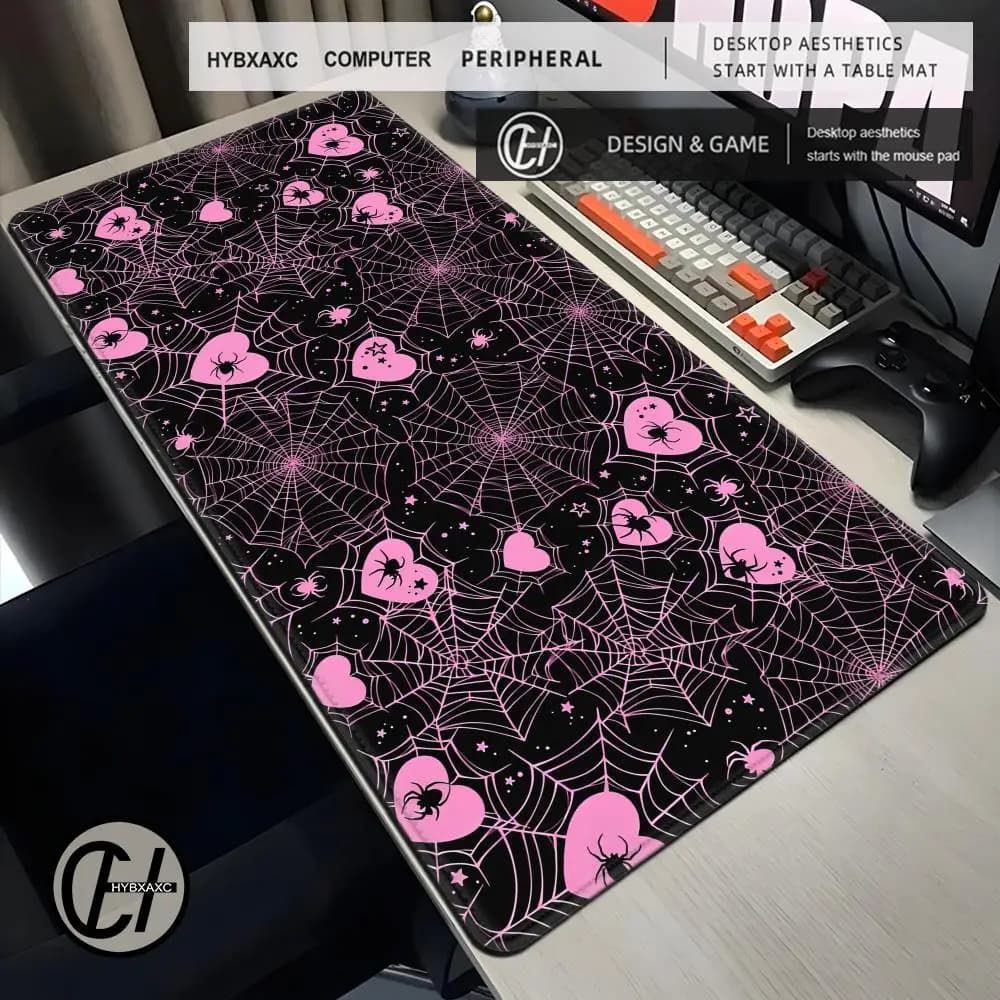90x40 White or Pink Spiderweb Hearts Desk Mat Pastel Kawaii Gothic Emo Cute Computer Laptop Office Tech Gaming Setup Mouse Pad