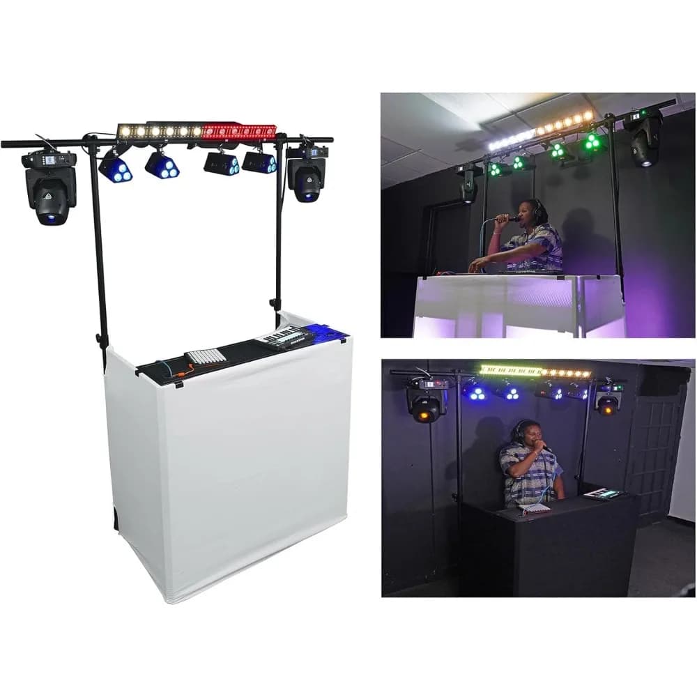 ROCKBOOTH TRUSS Facciata da tavolo per cabina DJ a 2 livelli con traliccio di illuminazione da 8 piedi 220 libbre, scrims ignifughi, gestione dei cavi