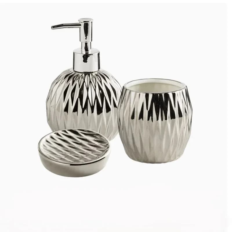 Set di accessori da bagno da 3 pezzi in stile nordico Set di portasapone in ceramica oro argento Porta spazzolino Set di bottiglie per dispenser di tazze e lozioni