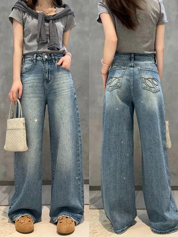 Jeans Donna a Gamba Larga Lucidi a Vita Alta in Denim Primavera 2026 con Lavorazione Glitterata Resistente e Confortevole Moda Femminile