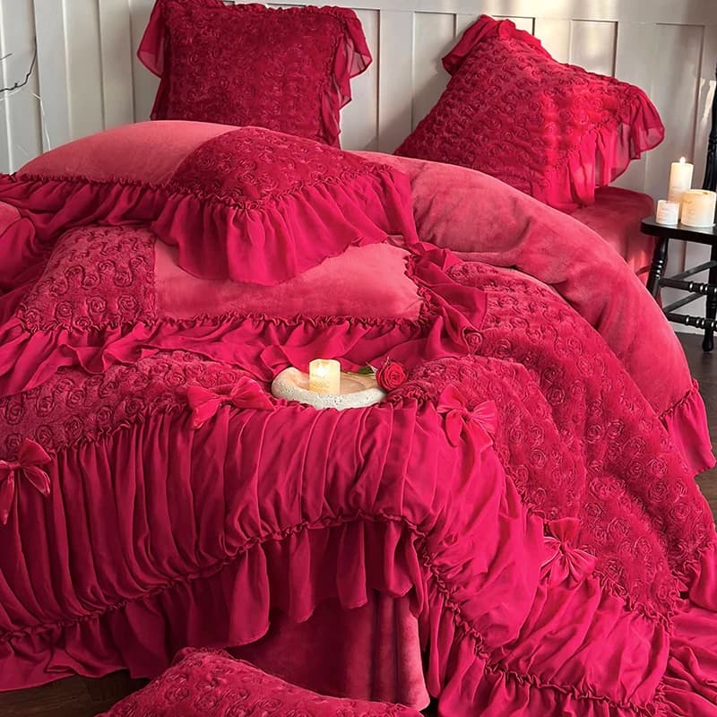 Set biancheria da letto per matrimonio romantico francese, 4 pezzi Queen Size in pile di latte, lenzuola in flanella invernale, copripiumino ultra morbido e caldo