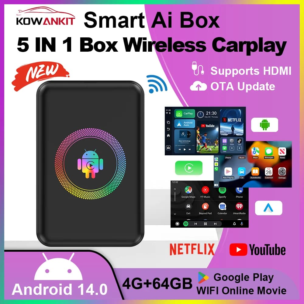 2026 Kowankit 4+64G Android 14 Wireless CarPlay Ai Box Smart Plug & Play 5 in 1 Android Auto HDMI Car TV Box per YouTube Netflix