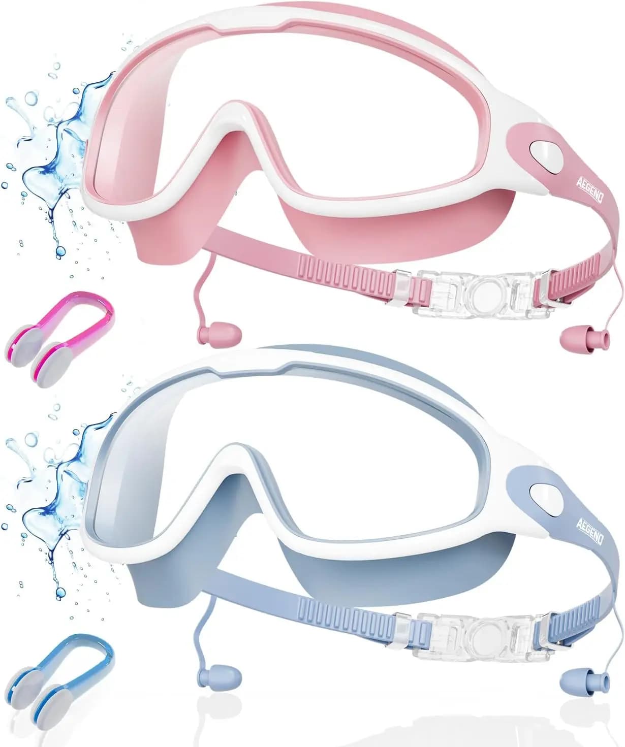 Adult Wide View Swim Goggles, Anti-Fog UV Protection No Leak Swimming Goggles with Ear Plugs for Men Women