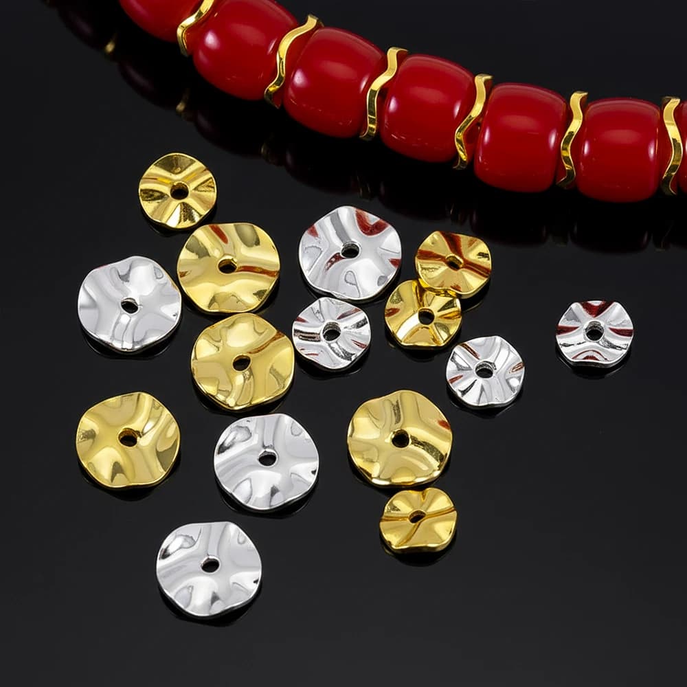 30 pz/lotto Perline Distanziatrici Piatte Rotonde in Metallo Placcato Oro 14K da 6-8mm, Perline a Onda per Collane, Orecchini, Bracciali, Componenti per Gioielli e Artigianato