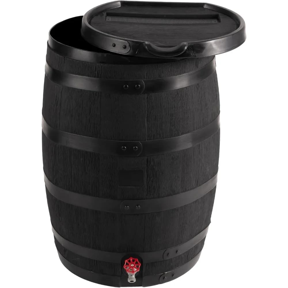 Eco pioggia premium da 55 galloni con coperchio rimovibile, raccolta acqua piovana con retro piatto, realizzata con plastica riciclata al 100%.