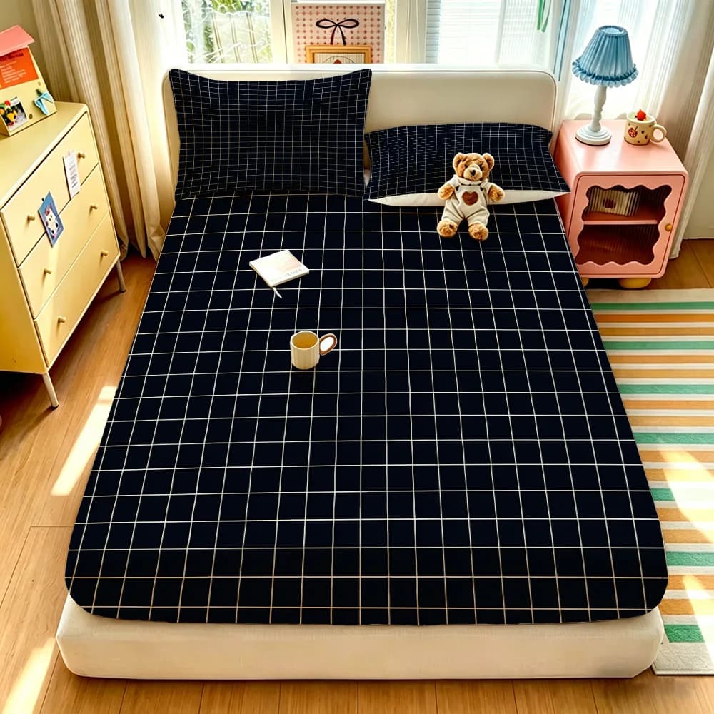 3PCS Simple Black and White Checkered Fitted Sheet Set Soft Bedroom Bedding Decor No Core Bed Sheet and Pillowcase Set