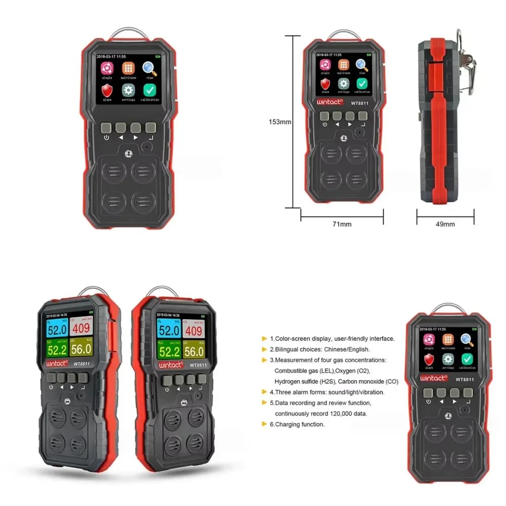 Rilevatore Digitale Industriale Portatile WT8811 4 in 1 per Monossido di Carbonio, Combustibili e H2S