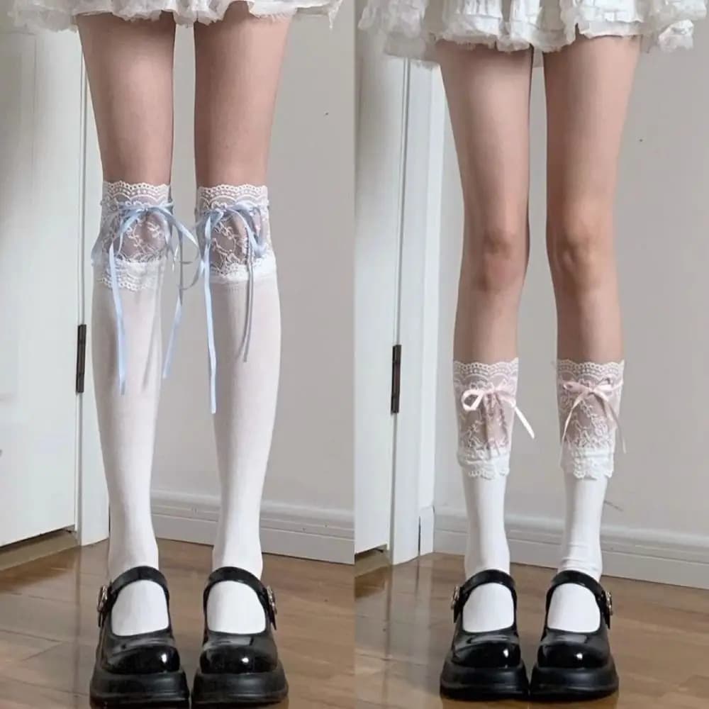 New Lolita Long Socks Over Knee Lace Thigh High Stockings Silk Ribbon JK Calf Socks Girls