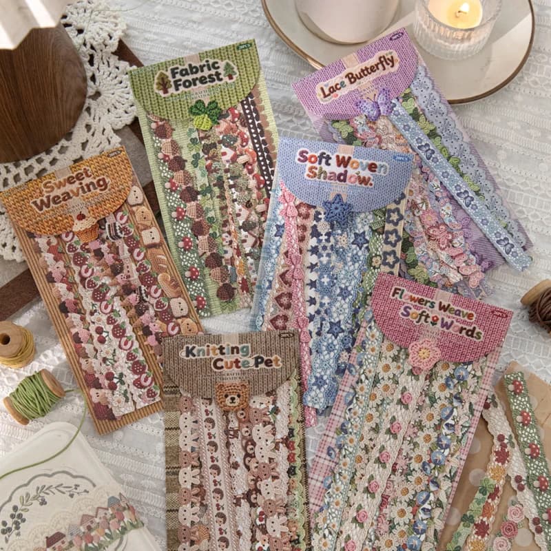 1Bag Fabric Woven Lace Border Stickers Set Floral Animal Themed Decorative Tapes For Journal Scrapbooking Planner DIY Crafts