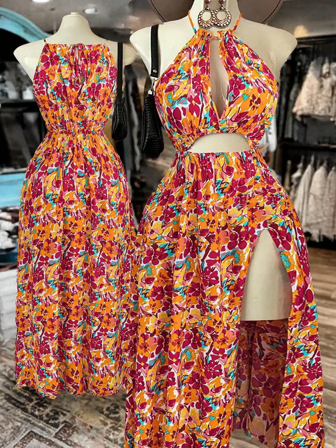 Abito lungo da donna taglie forti con scollo all'americana e cut-out, con spacco laterale, stampa floreale, per l'estate e la spiaggia