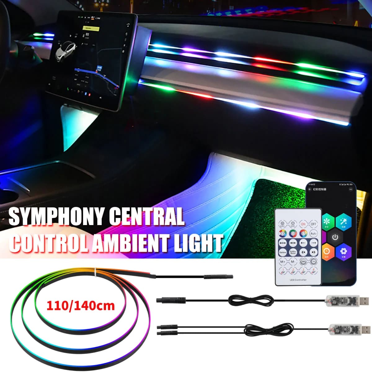 1/2in1 110cm 140cm Acrylic Interior Car LED Lights Strip APP Remote Car USB Ambient Lights Strip Neon Atmosphere Lamp Decoration