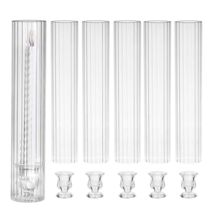 Hurricane Glass Candle Holders-Set of 6 Tall Taper Candle Holder with 12" Tall Clear Cylinder Covers for Wedding Table Centerpi