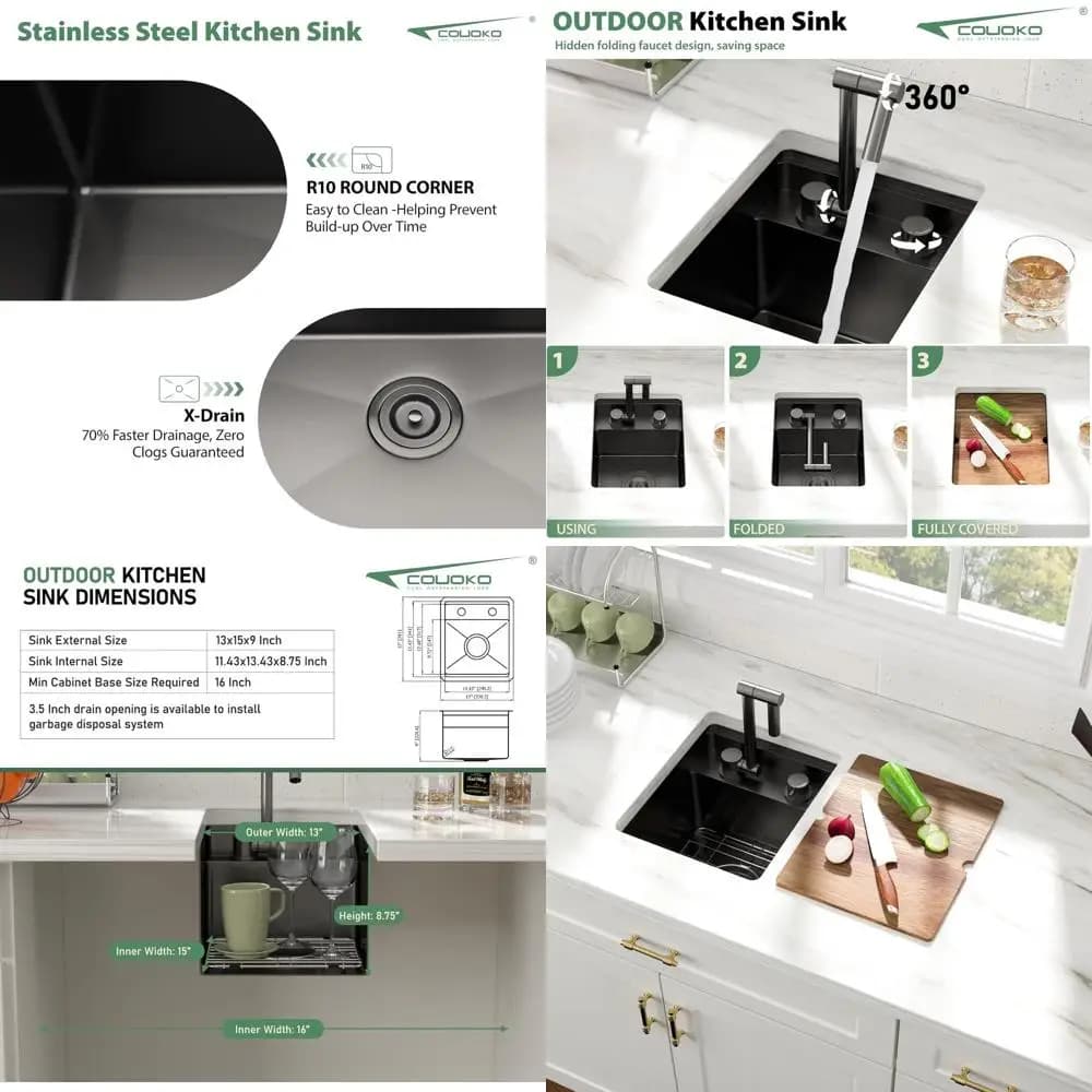 Kitchen sink for outdoor underfloor black, 13x15, concealed faucet, stainless steel NANO PVD, single tank, handmade work station
