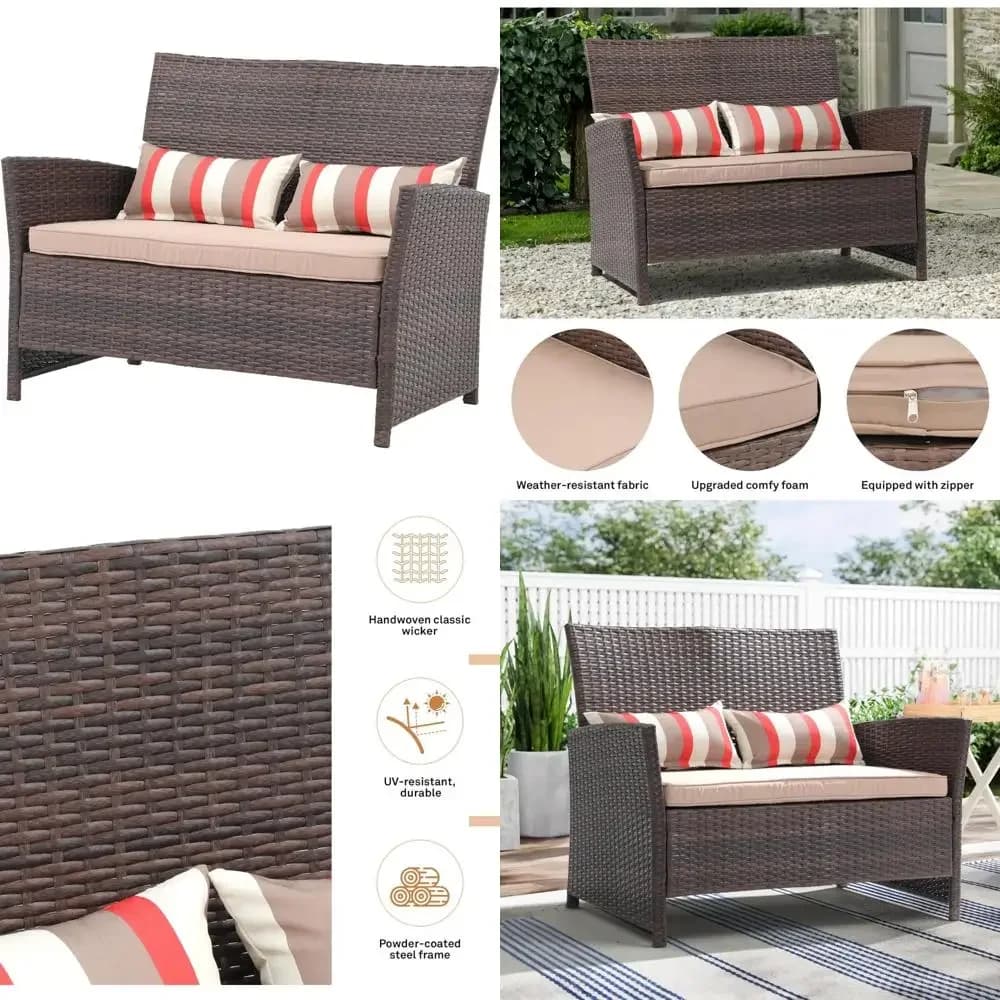 Divanetto da giardino a 2 posti in vimini marrone con cuscini beige e cuscini di supporto lombare