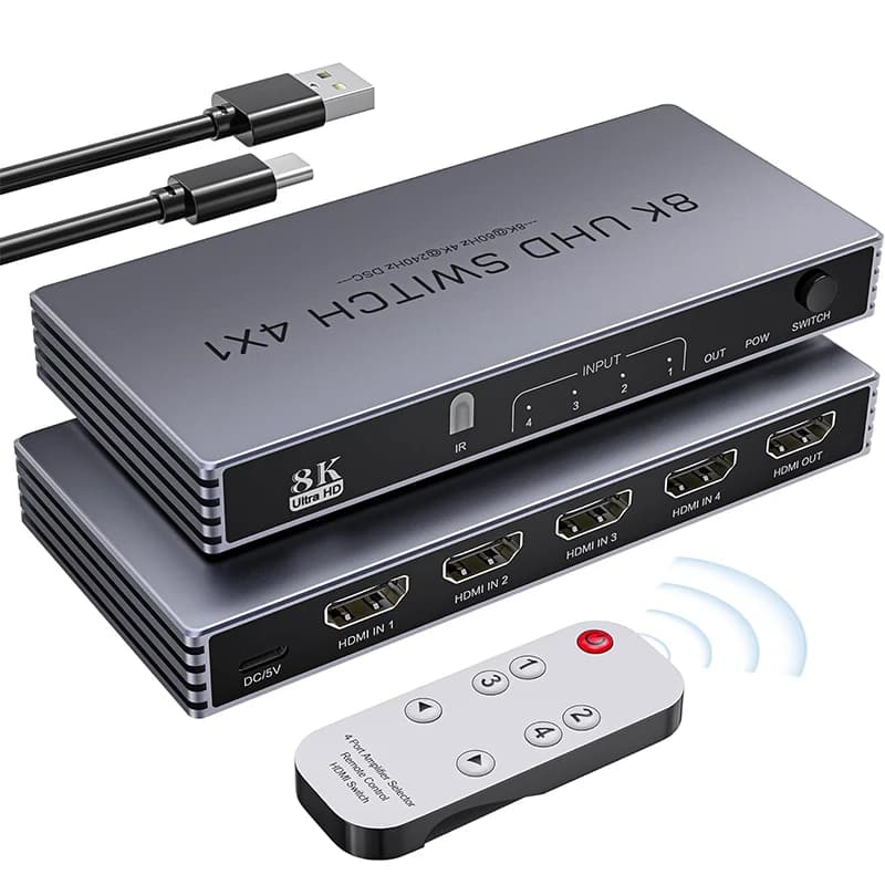 HDMI Switch 8K@60Hz 4K@240Hz HDMI Switcher 2.1 UHD 5 in 1 output with remote support 48Gbps HDR10+ HDCP2.3 for PS5/4/3 Xbox PC TV