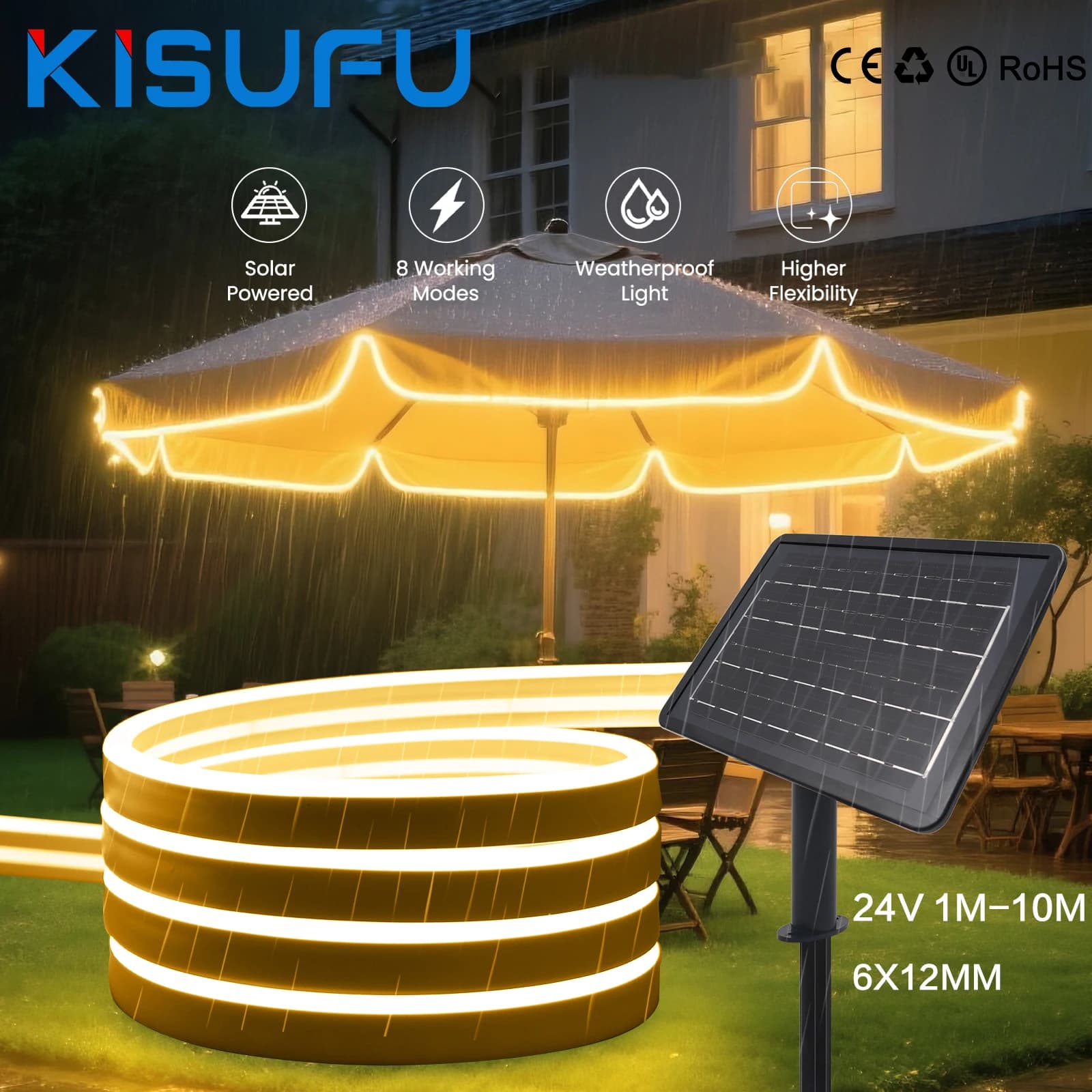 Newly 24V COB Solar Neon Light Strips Waterproof Warm White 6X12MM Flexible Neon Rope Light Home Garden Decor 1m 2m 3m 4m 5m 10m