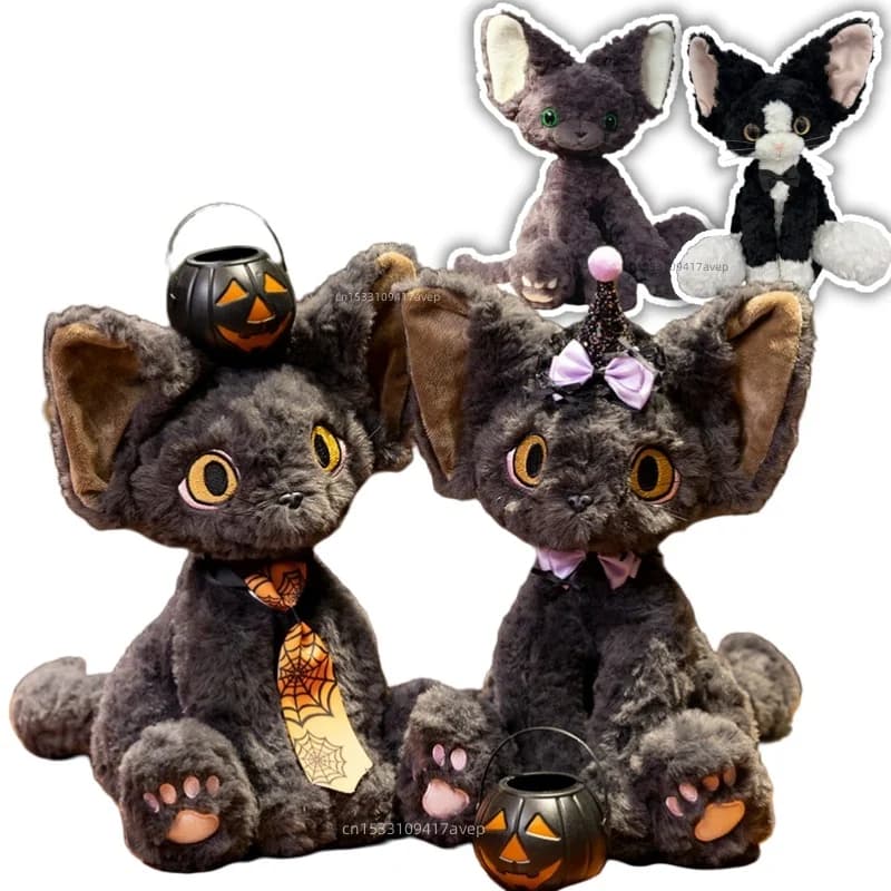 Halloween Dressing Devon Rex Cat Plushie Spider Cravatta Gattino nero Peluche Capelli ricci Gatti in bianco e nero Regalo di compleanno