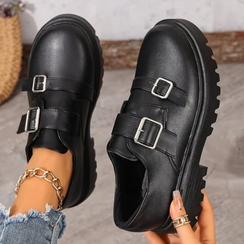 Women's Platform Loafers Round Toe Chunky Heel Slip on Shoes Leather Look Double Buckle Strap Casual Preppy Lug Sole Footwear