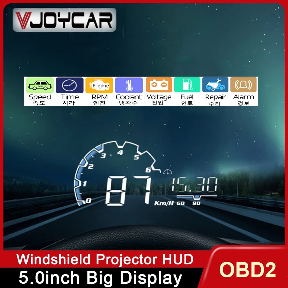 Vjoycar Car HUD Head Up Display 5" OBD2 Windshield Glass Speed Projector Gauge Auto Scanner Security Alarm Overspeed Water Temp