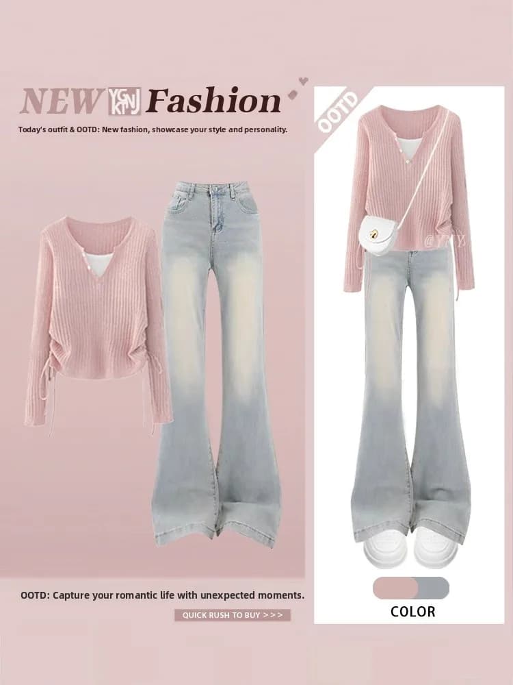 Completo due pezzi da donna: maglione a vita alta con coulisse e jeans a zampa, casual, moda autunnale, t-shirt a maniche lunghe con scollo a V