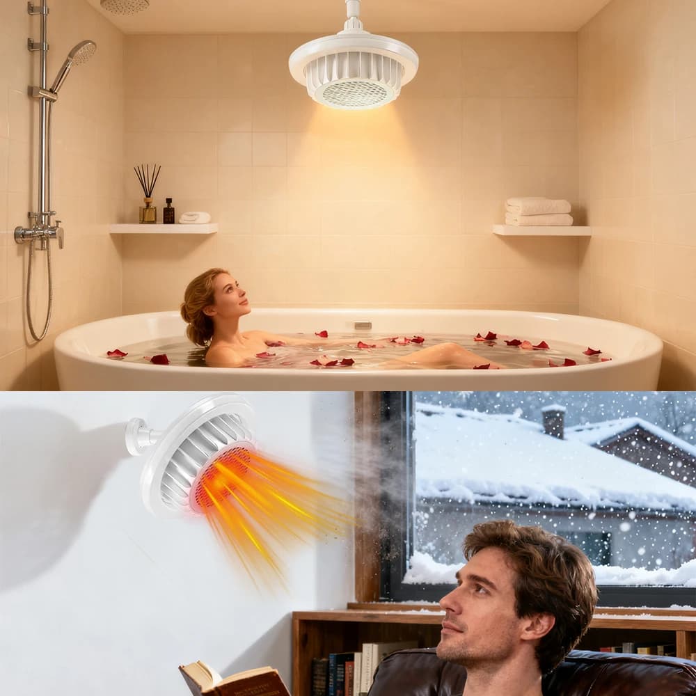 Lampada Riscaldante Universale E27 per Bagno con Ventilatore e Telecomando, 110V, Riscaldamento in Ceramica PTC a 360° ° Riscaldatore a Luce Bianca Regolabile