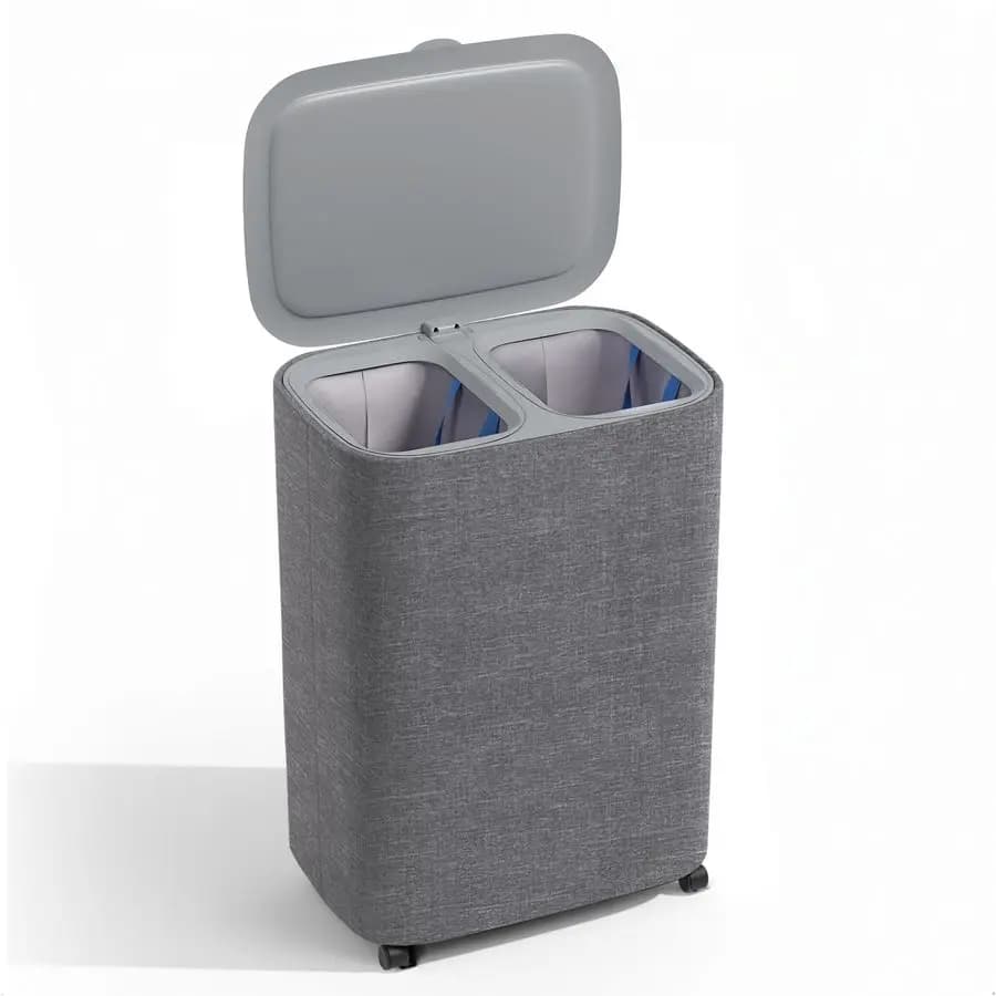 Cesto per Bucato a Doppia Sezione da 90L con Ruote e Coperchio, Cesto Alto Diviso in Due con 2 Sacchi Rimovibili e Lavabili, Grande Cesto per Biancheria