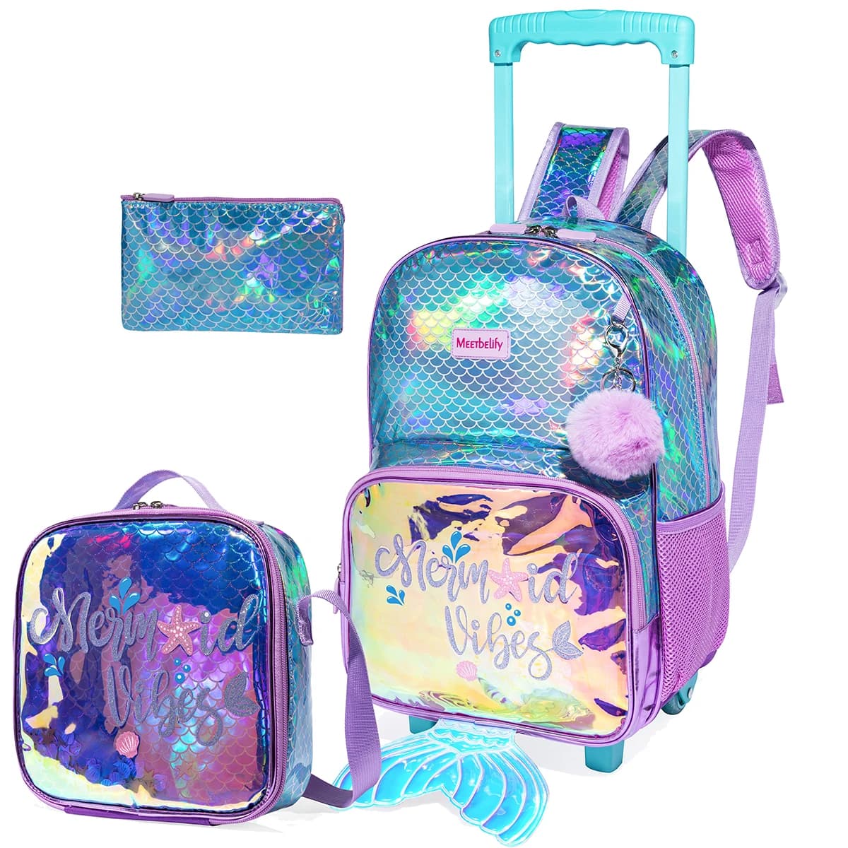 Mermaid Rolling Backpack for Girls Wheeled Backpack with Lunch Box Pencil Case Blue Mermaid Tail for Elementary School Kid