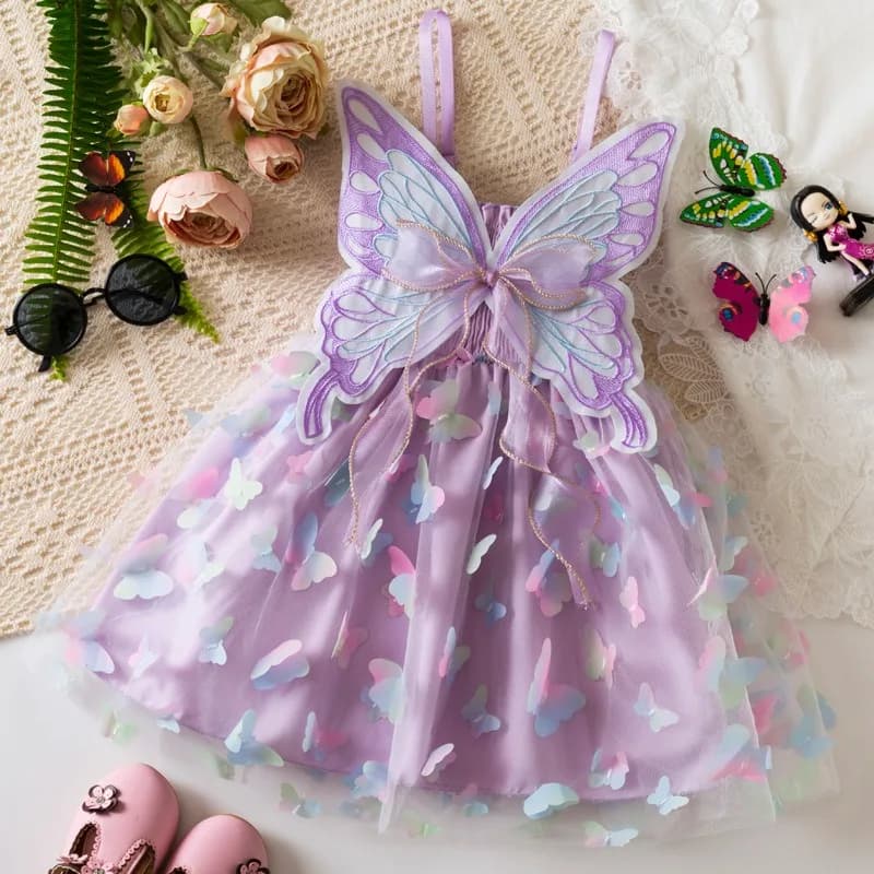 Abito da principessa per bambina, abito estivo per bambino, fata 3D, ali di farfalla, senza maniche, in tulle, abito da festa di compleanno per bambini