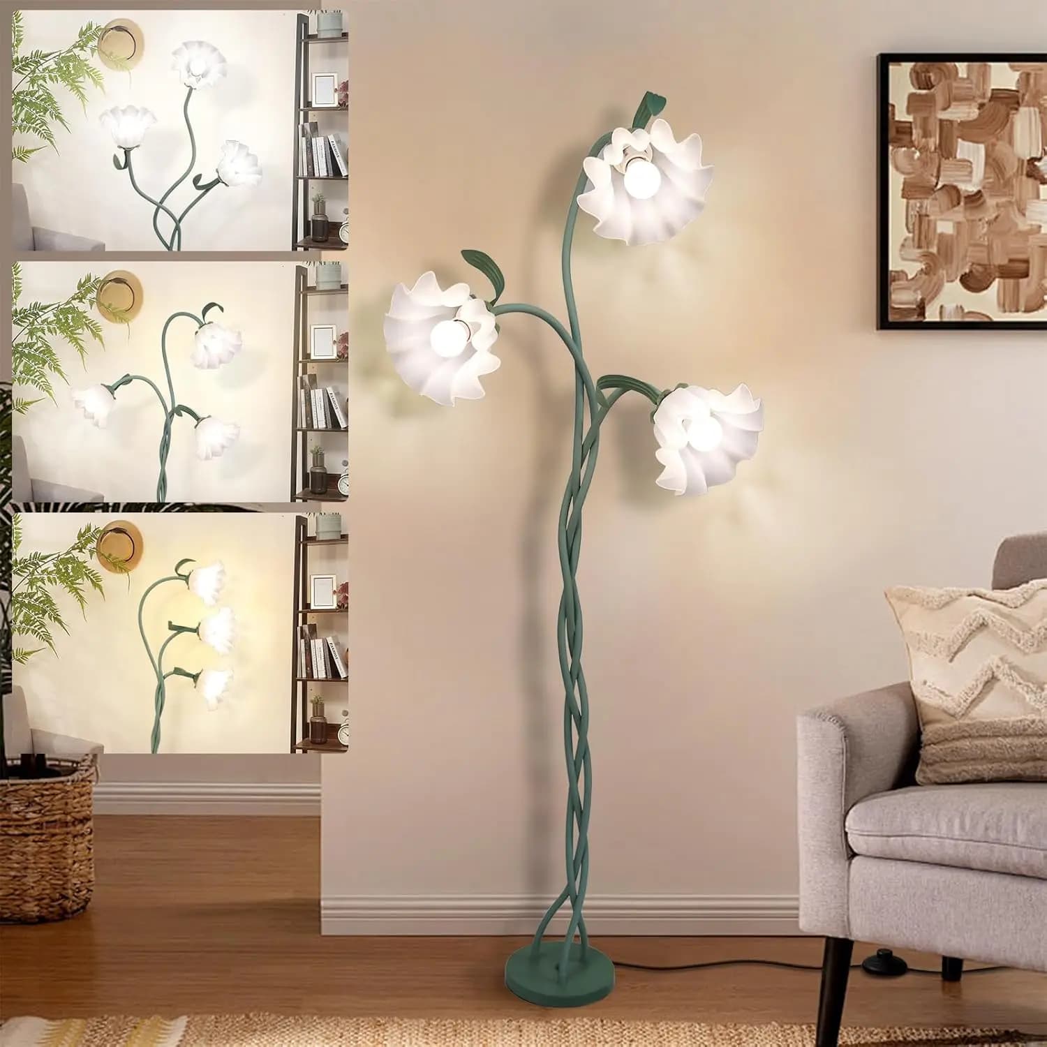 Lampada da Terra Vintage a Forma di Fiore per Camera da Letto delle Ragazze, Graziosa Lampada da Lettura a 3 Teste con Collo Flessibile in 3 Colori e Decorazione a Giglio