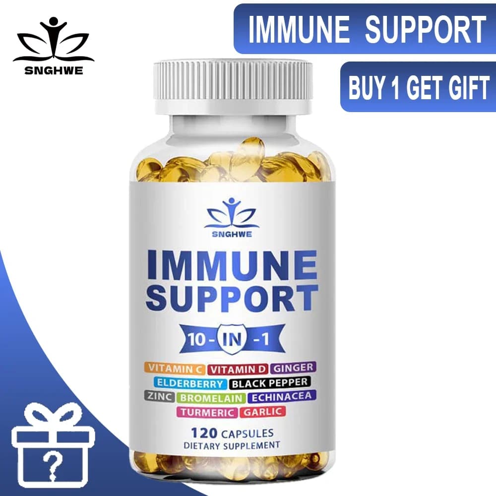 Immune support supplement 10 in 1, with equinacea, vitamin C and 50 mg zinc, 5000 IU of vitamin D3, turmeric and ginger, elder