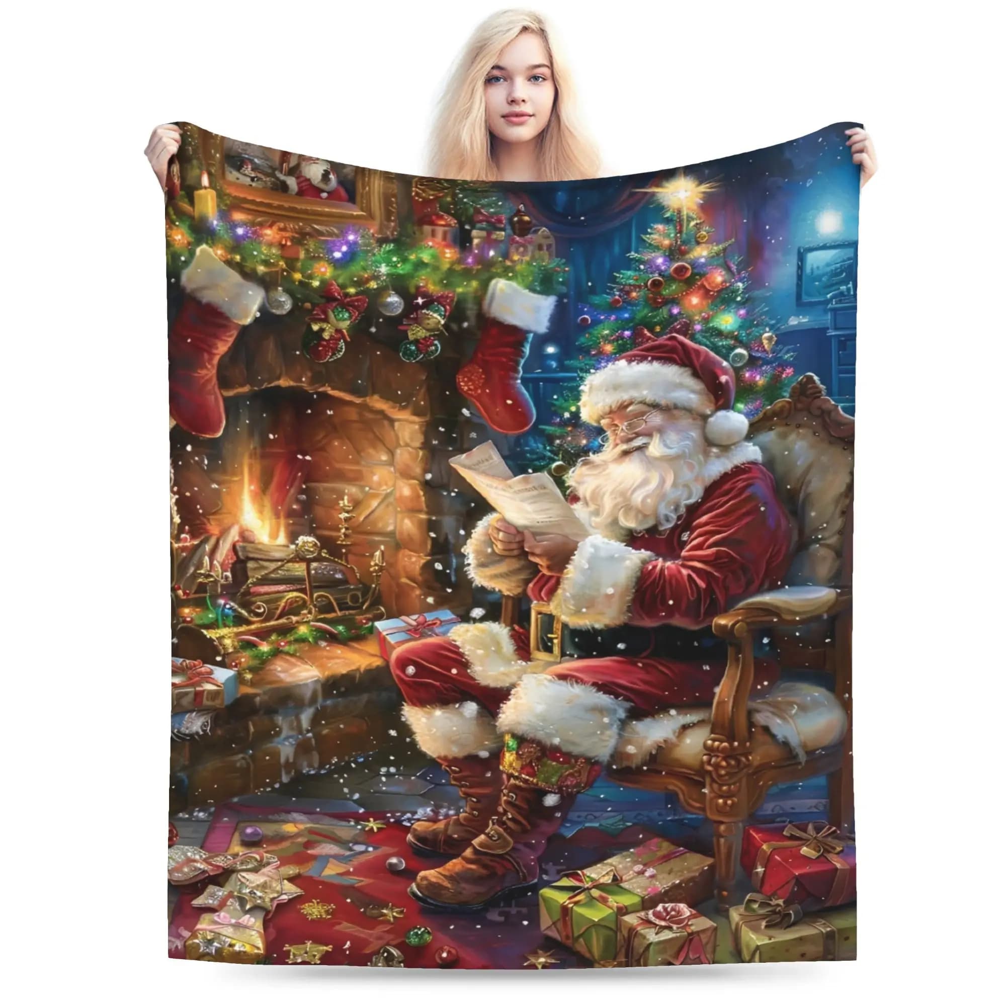 Santa Claus Christmas Flannel Blanket Warm Soft Throw Blanket for Living Room Travel Comfortable Bedspread Sofa Bed Cover