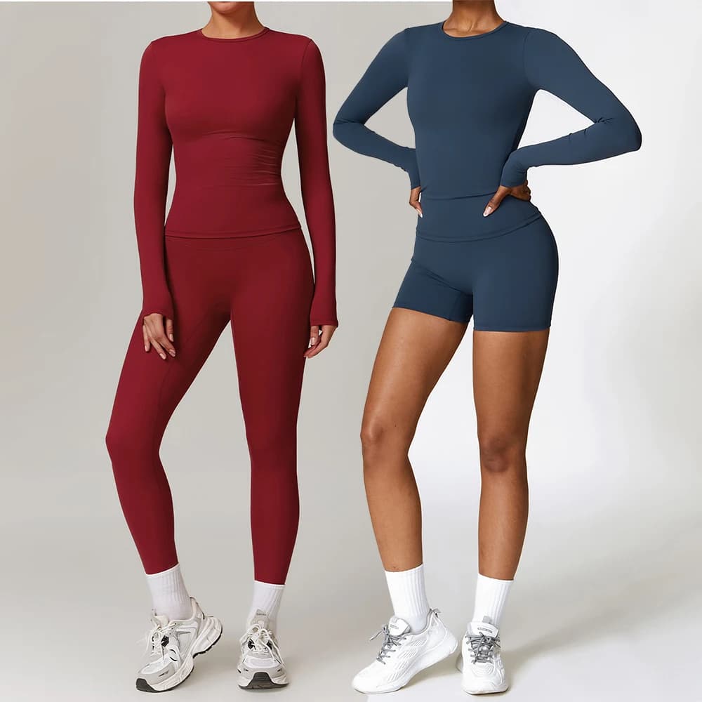 Set da allenamento senza cuciture da donna, 2 pezzi, set yoga, fitness, top corto a maniche lunghe, leggings a vita alta, tute sportive, abbigliamento da palestra.