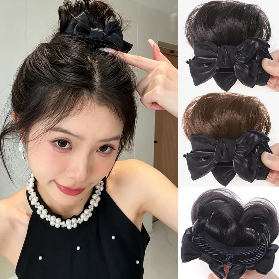 Synthetic Black Bow Hair Claw Clip Chignon Bun Claw Clip in Hair Piece Bun Ponytail Extensions Hairpieces for Women Daily Party