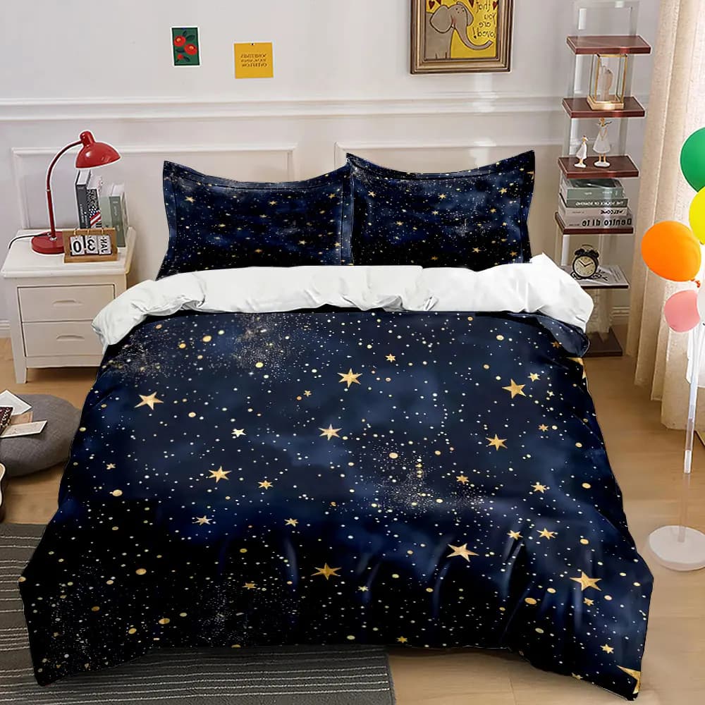 Set di biancheria da letto Gold Starry Night da 3 pezzi, copripiumino con stampa di stelle blu navy e oro + 2 federe, decorazioni celesti