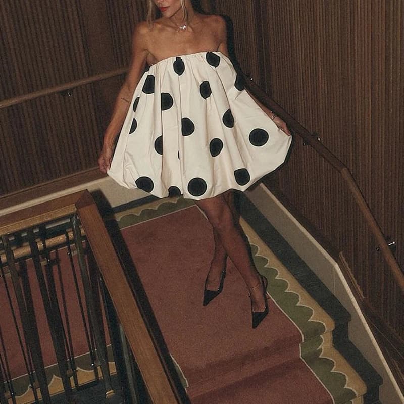 BKLD Polka Dot Strapless Bubble Dress 2025 Vintage Women's Pleated Open Back High Waist Cute Ball Gown Club Praty Trendy Outfits