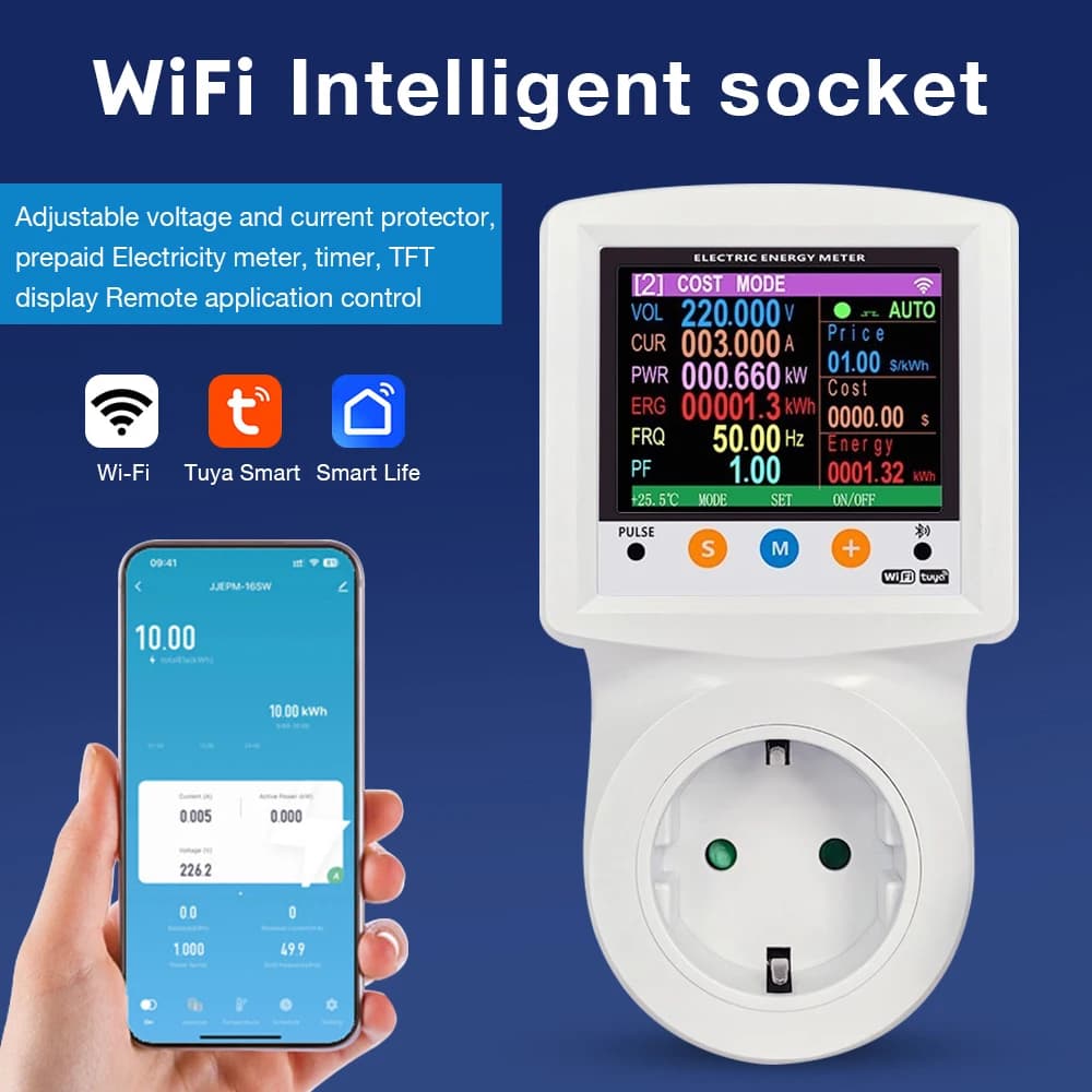 AC 220V Tuya Smart Life WiFi Wattmetro Presa timer Telecomando Protezione da sovratensione e sovracorrente Tensione Corrente Potenza Me