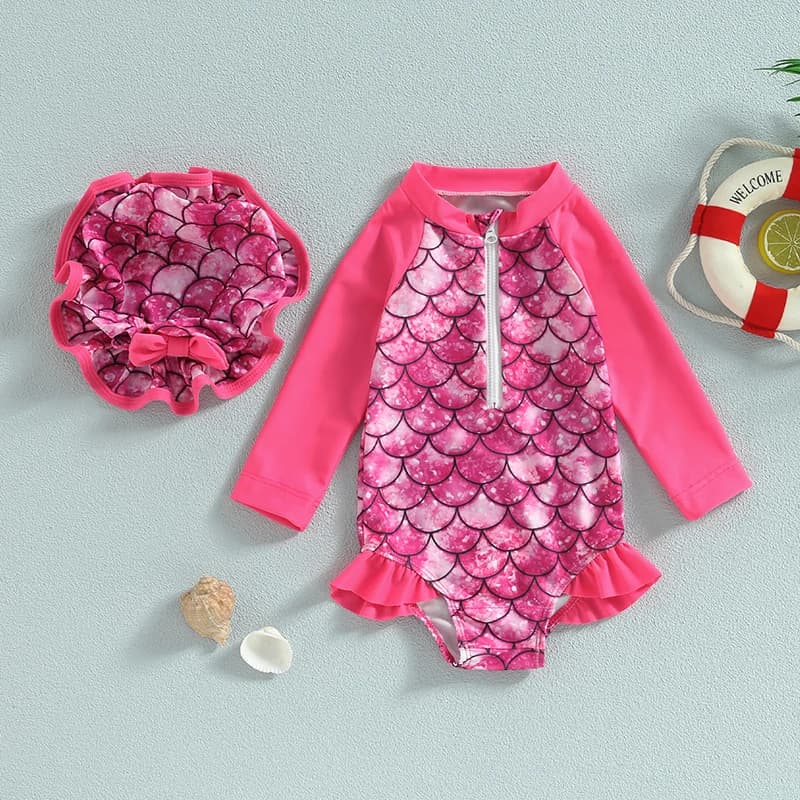 Yiicovy summer swimsuits for girl adorable floral print/scale long sleeve with zipper and volant swimsuits + baby swim cap