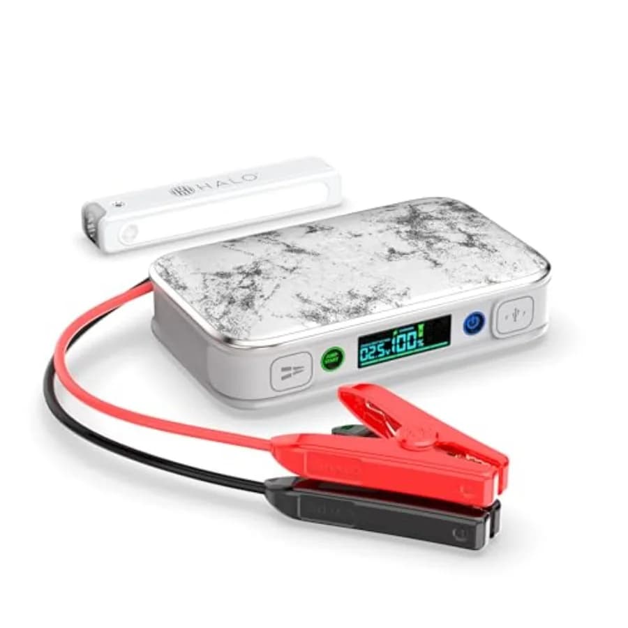 Avviatore di emergenza portatile per auto, SUV, camion, in plastica ABS grigia, display digitale, ricarica USB-A e USB-C, power bank staccabile.