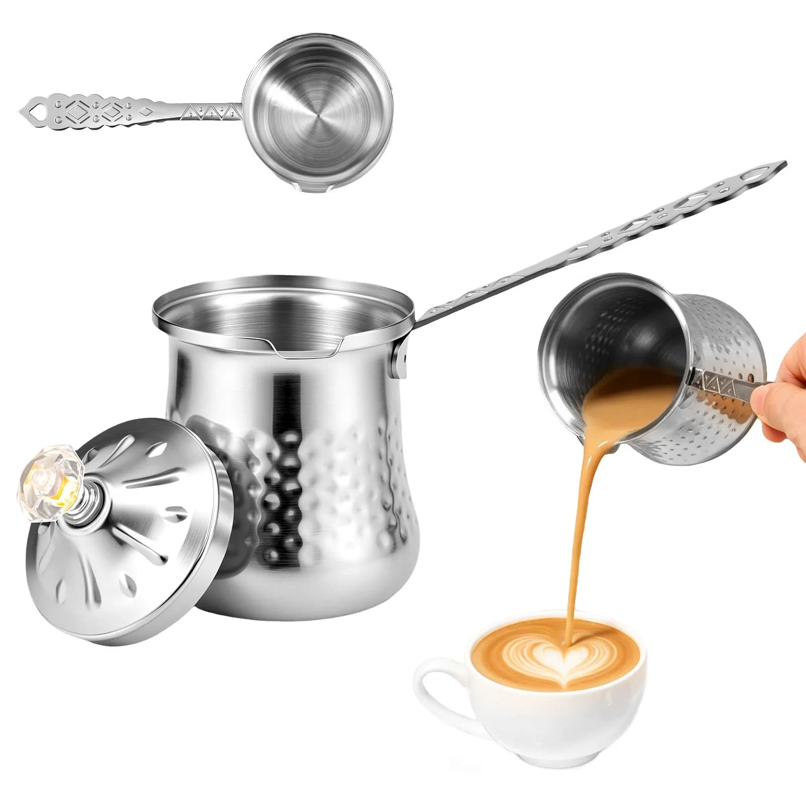 400ml Turkish Coffee Pot Stainless Steel Wide Mouth Coffee Maker with Long Handle Vintage Hammered Coffeeware Coffee Accessories