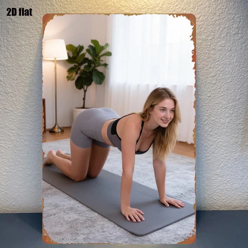 Poster in metallo 2D piatto ad alta definizione con una splendida donna atletica con lunghi capelli biondi che pratica yoga su un tappetino