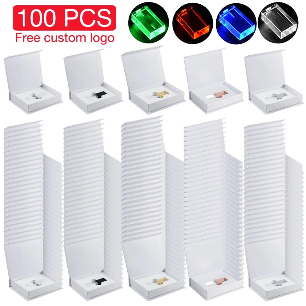 100 Pezzi Chiavetta USB Personalizzabile con Logo Gratuito, Memoria Flash all'Ingrosso con Luce LED, Penna USB in Cristallo, Dispositivo di Archiviazione 128GB 64G