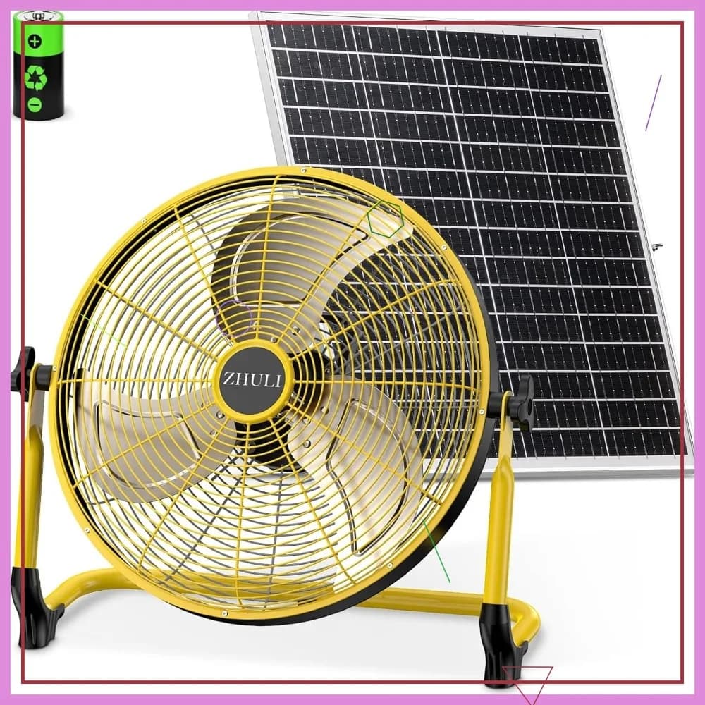 Ventilatore solare da 14 pollici con pannello da 30W, ventilatore da campeggio portatile a batteria, ricaricabile senza fili, motore brushless, silenzioso