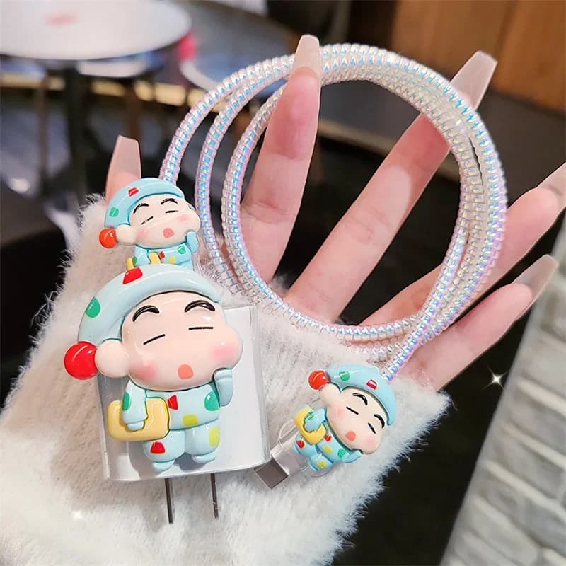 4pcs/set Cartoon Crayon ShinChans Data Cable Protective Case 20W for Iphone 15 14 Kawaii Anti-fracture Charger Protective Case