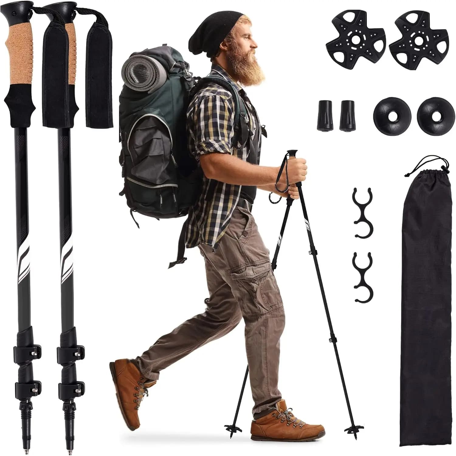 Trekking Poles for Hiking, Lightweight 7075 Collapsible Walking Sticks with Cork Grips, Adjustable Height, Folding Hiking Poles
