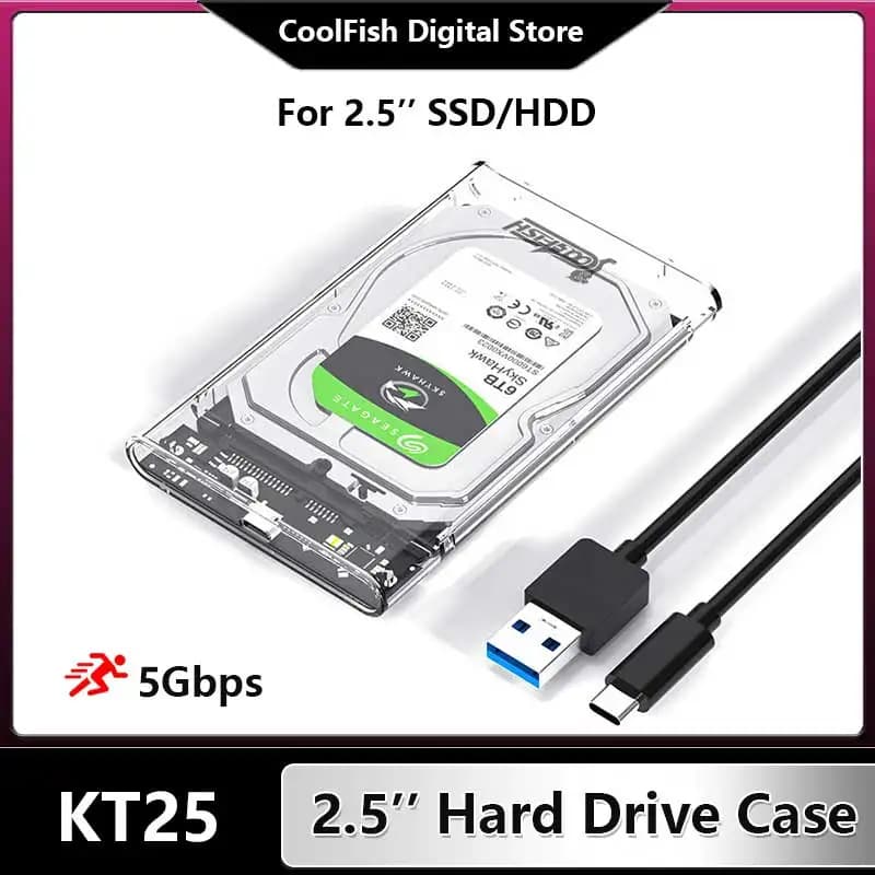 CoolFish USB3.0 Custodia di archiviazione esterna trasparente da 2,5 '' TypeC SATA 5Gbps HDD SSD Custodia per disco rigido Supporto UASP per PC portatile