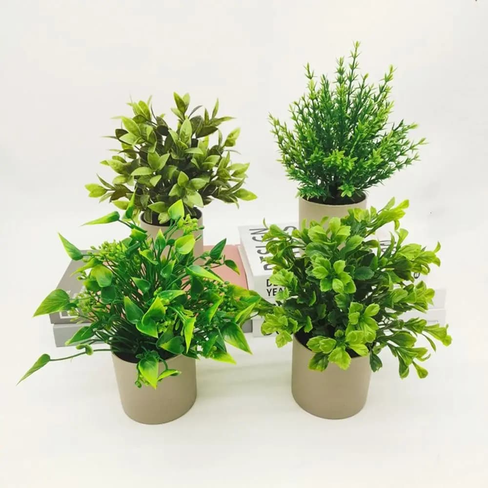 Creative Green Leaves Artificial Grass Bonsai with Flowerpot Photo Props Potted Plant Ornament Faux Flowerpotted Gift