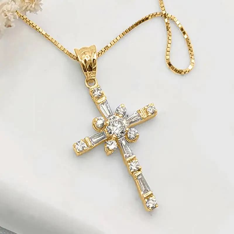 Huitan Fashion Cross Design Women Pendant Necklace Gold Color Inlaid Bright CZ for Party Daily Versatile Accessories Jewelry