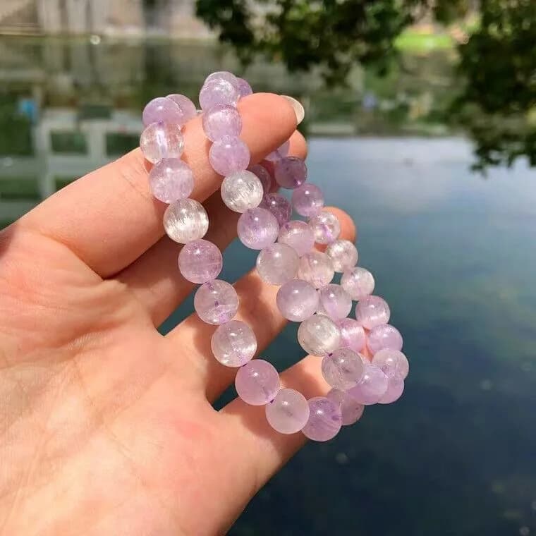 Bracciale con Perle Rotonde di Quarzo Kunzite Naturale Viola 7mm 8mm 9mm, Gioielli Colorati in Kunzite, Cristallo Occhio di Gatto AAAAAA
